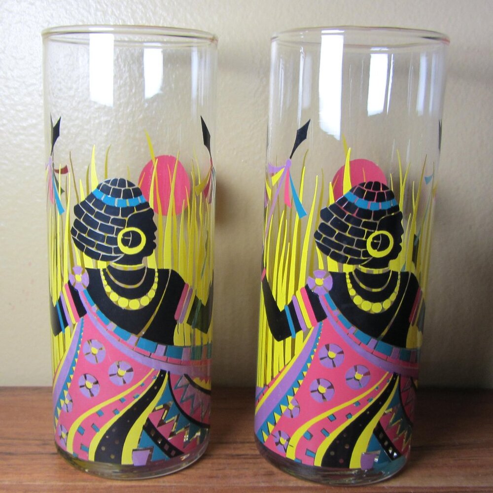 14 oz african warrior tribal vintage panache highball glasses - pair of 2 (W4616